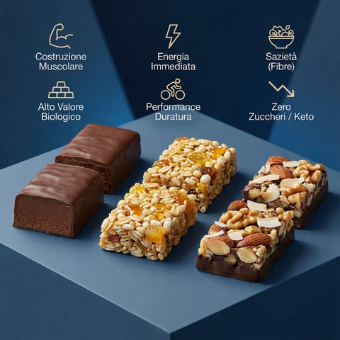 Confronto visivo tra barretta proteica per massa, energetica ai cereali e dietetica low sugar con relativi benefici.