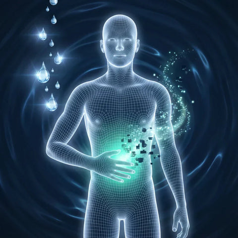 Rappresentazione grafica dell'azione di enzimi digestivi e drenanti per ridurre il gonfiore addominale e la ritenzione idrica.