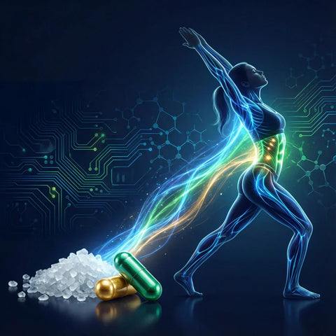 Illustrazione di integratori di Magnesio e per il metabolismo che rilasciano energia in un corpo umano atletico, simboleggiando recupero e benessere.