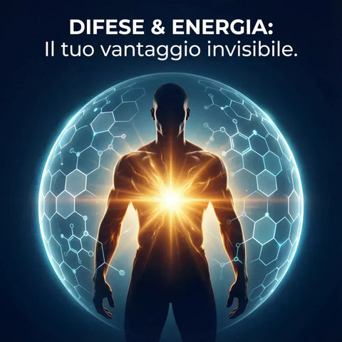 Rappresentazione del sistema immunitario e dell'energia metabolica supportati da integratori di Vitamina D3, Ferro e Multivitaminici.