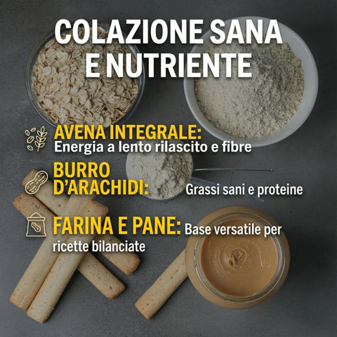 Selezione di alimenti tecnici per dispensa fit: avena, creme e snack salati.