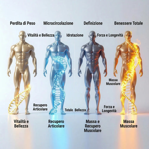 Rappresentazione concettuale dei quattro pilastri della guida NutriHangar: atleti che simboleggiano la forza muscolare, la definizione estetica, la vitalità e il benessere a lungo termine ottenuti con integrazione mirata.