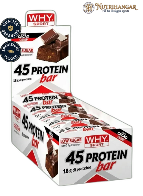 Barretta proteica croccante 45 Protein Bar Why Sport al 40% di proteine Gusto Cacao Box 28 pz
