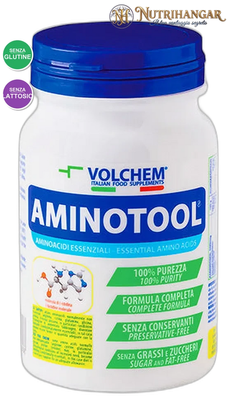 Confezione di Aminotool® Volchem, integratore di aminoacidi essenziali e BCAA in compresse.