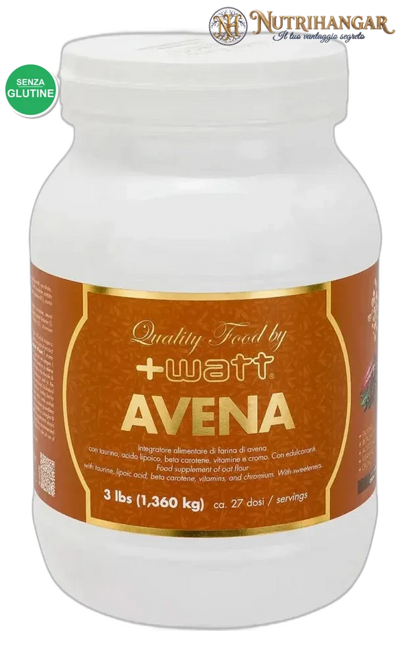 Barattolo di Avena Quality Food +Watt, farina di avena arricchita con Taurina e Cromo. Gusto Cacao