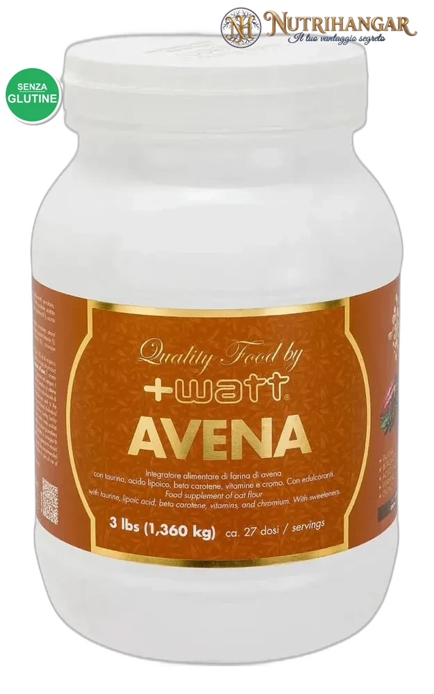 Barattolo di Avena Quality Food +Watt, farina di avena arricchita con Taurina e Cromo. Gusto Cacao