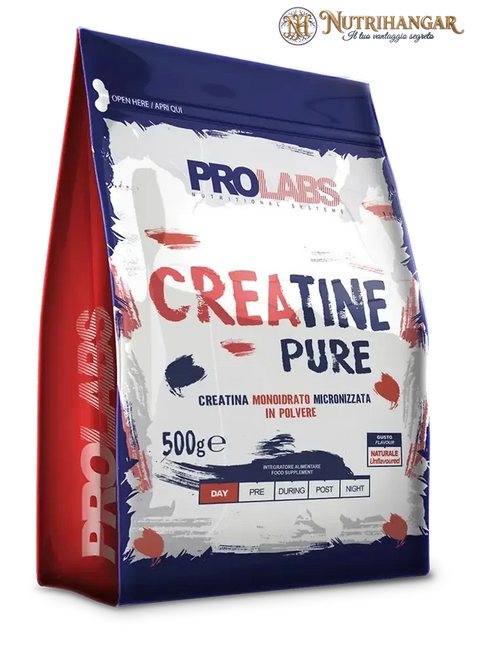 Confezione di Creatine Pure Prolabs integratore di creatina monoidrato micronizzata in polvere finissima. 500 gr