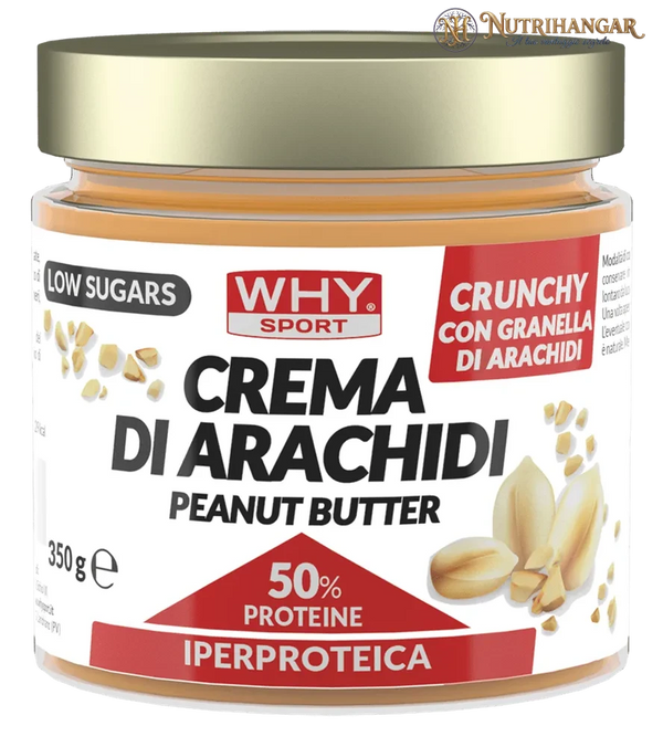 Barattolo di Crema di Arachidi Why Sport con 50% di proteine, senza zuccheri aggiunti.