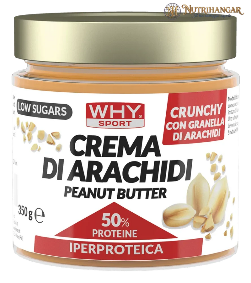 Barattolo di Crema di Arachidi Why Sport con 50% di proteine, senza zuccheri aggiunti.