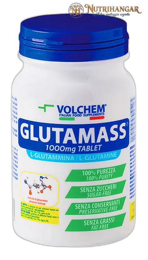 Confezione di Glutamass® Volchem, integratore di glutammina pura in compresse da 1 grammo.