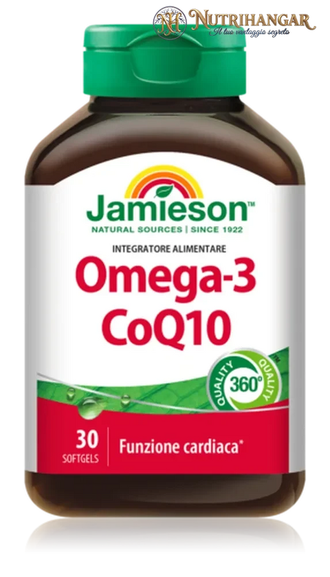 Confezione di Omega-3 CoQ10 Jamieson integratore per il cuore e l'energia.