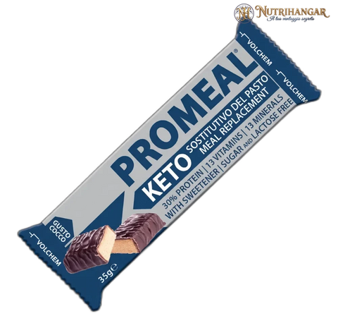 Confezione di Promeal® Keto Volchem barretta sostitutivo pasto keto. Gusto Cocco