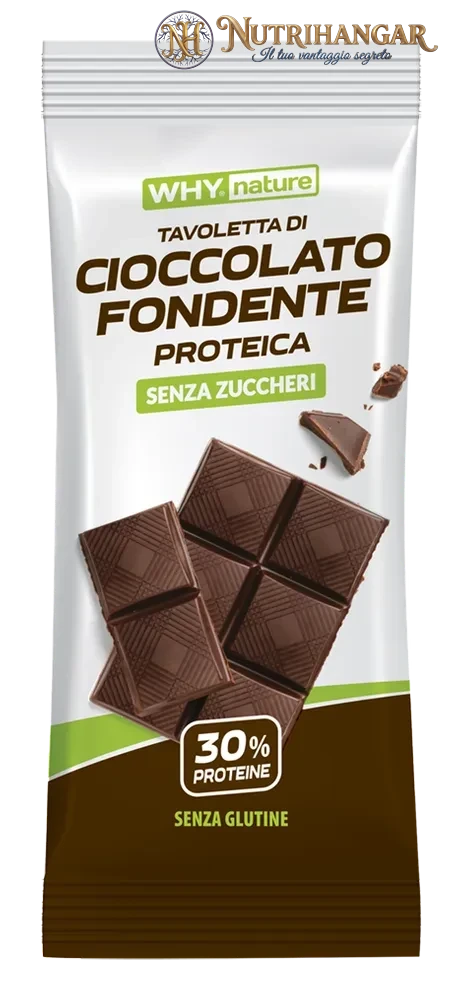 Tavoletta di Cioccolato Fondente Proteica Why Nature con crisp di proteine del latte.