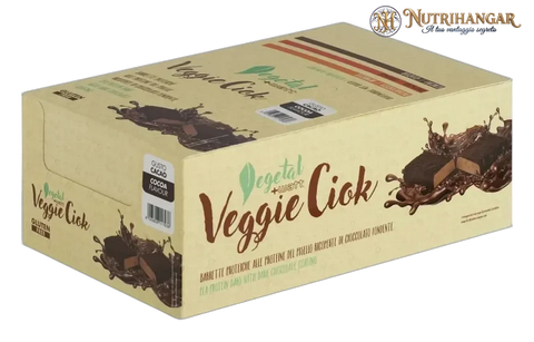 Barretta proteica vegana Veggie Ciok +Watt ricoperta di cioccolato. Gusto Cacao Box 24 pz