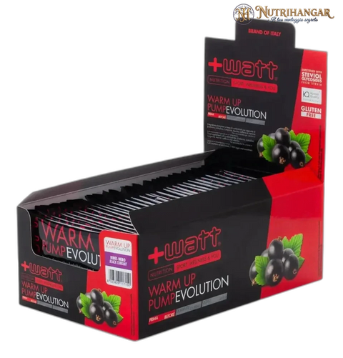 Integratore energetico Warm Up Pump Evolution +Watt per sportivi.  Gusto Ribes Nero Box 20 px