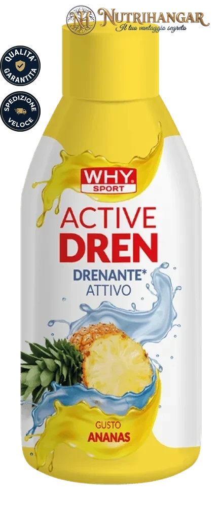 Flacone dell'integratore Active Dren Why Sport con ingredienti drenanti Gusto Ananas