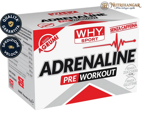 Barattolo del pre-workout Adrenaline Why Sport con creatina e aminoacidi