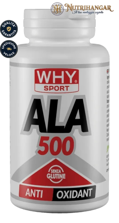 Flacone dell'integratore Ala 500 Why Sport con capsule di acido alfa lipoico
