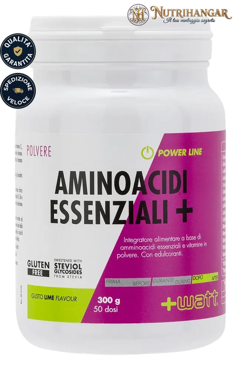 Barattolo di Aminoacidi Essenziali+ Polvere +Watt con vitamine per il recupero muscolare. Gusto Lime