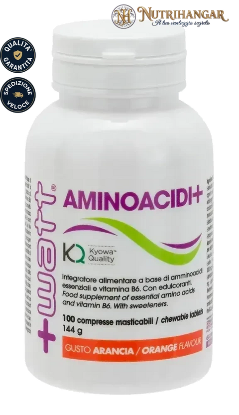 Flacone di Aminoacidi+ +Watt con Vitamina B6 per il supporto muscolare.