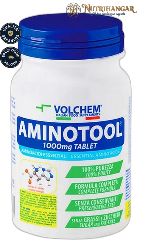 Confezione di Aminotool® Volchem in compresse, pool di aminoacidi essenziali biodisponibili.