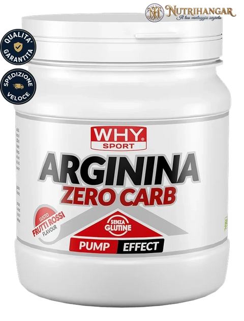 lacone dell'integratore Arginina Zero Carb Why Sport in polvere Gusto Frutti Rossi