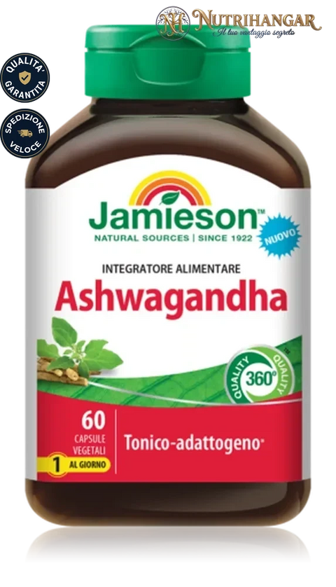 Confezione di Ashwagandha Jamieson integratore alimentare per il rilassamento.