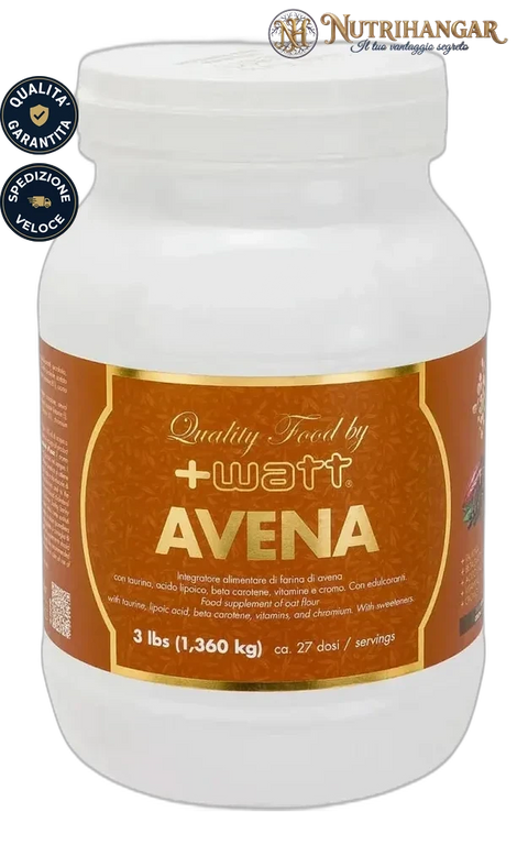 Barattolo di Avena Quality Food +Watt, farina di avena arricchita con Taurina e Cromo. Gusto Cacao