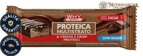 Barretta Proteica Multistrato Why Sport al cacao con crisp di soia. Gusto Cacao