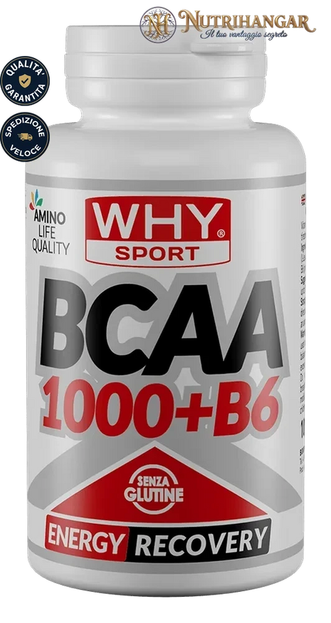 Flacone dell'integratore BCAA 1000 + B6 Why Sport con aminoacidi ramificati 2:1:1 100 cpr
