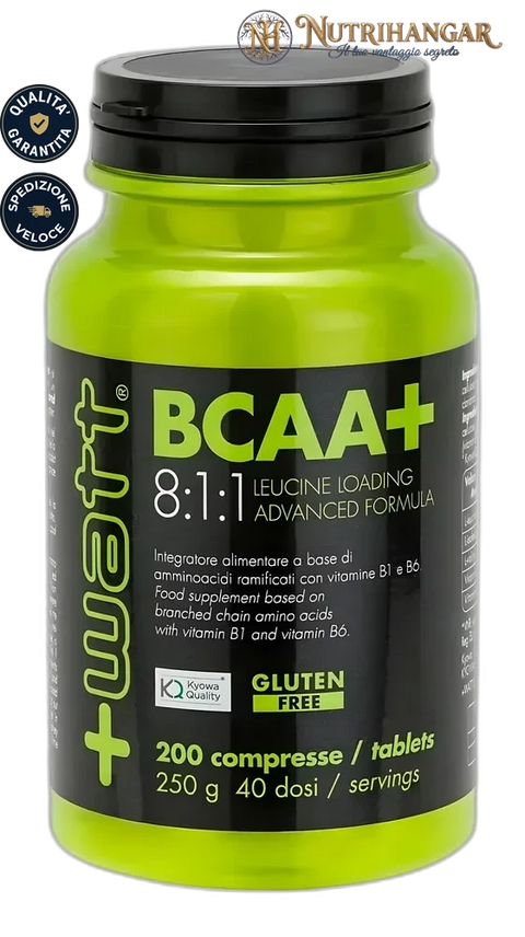 Flacone di BCAA+ 8:1:1 Compresse +Watt per il recupero muscolare, Kyowa Quality. 200 cps