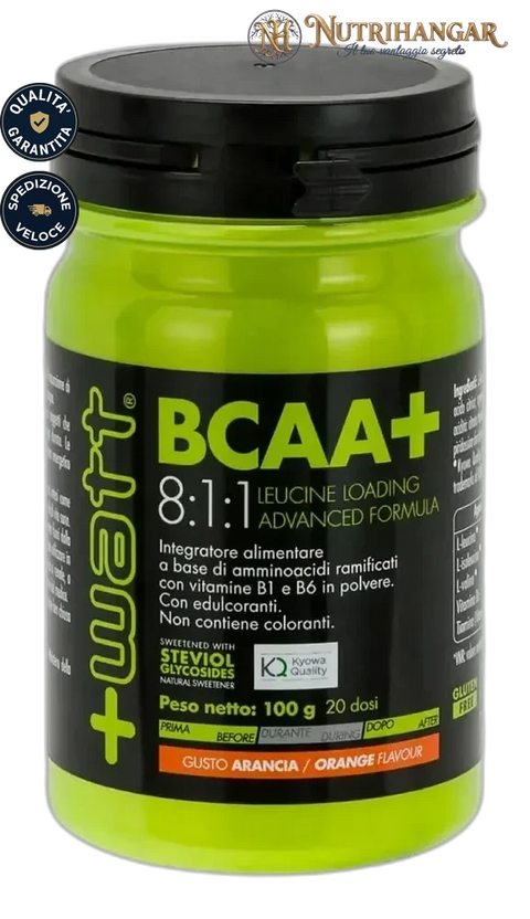Confezione di BCAA+ 8:1:1 Polvere +Watt gusto Mela Verde/Arancia per il recupero post-allenamento Gusto Arancio 100 gr