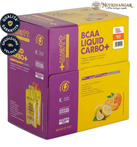 Fialetta monodose di BCAA Liquid Carbo+ +Watt per l'energia durante l'allenamento di endurance. Gusto Arancia Box 30 pz