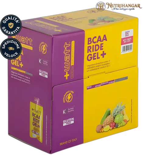 Bustina monodose di BCAA Ride Gel+ +Watt, gel energetico per sport di resistenza. Gusto Tutti i Frutti Box 30 pz