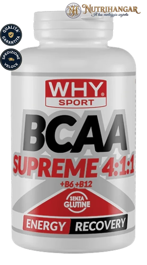 Flacone dell'integratore BCAA Supreme 4:1:1 + B6 + B12 Why Sport con aminoacidi 4:1:1 100 cpr