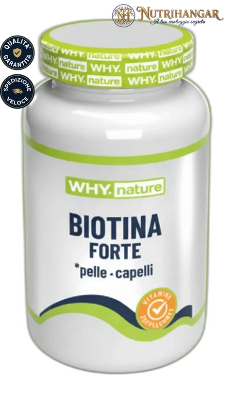 Flacone dell'integratore Biotina Forte Why Nature per pelle e capelli