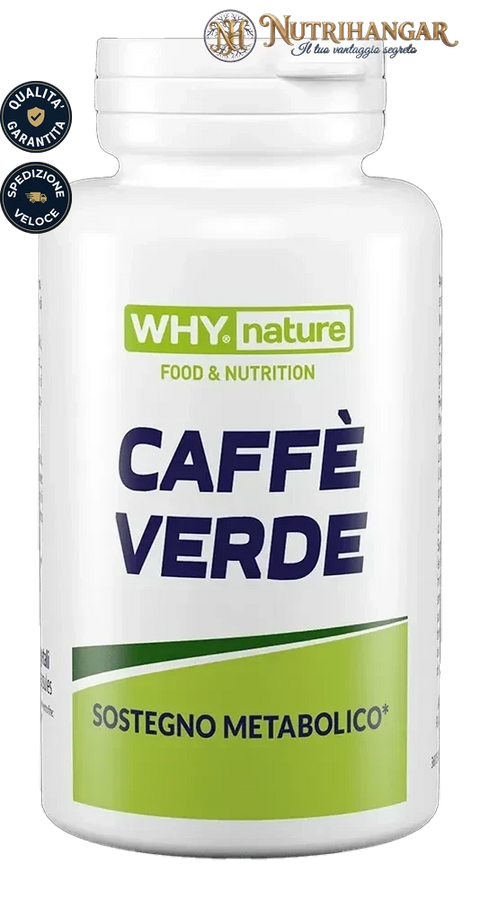 Flacone dell'integratore Caffè verde Why Nature con chicchi di caffè crudi