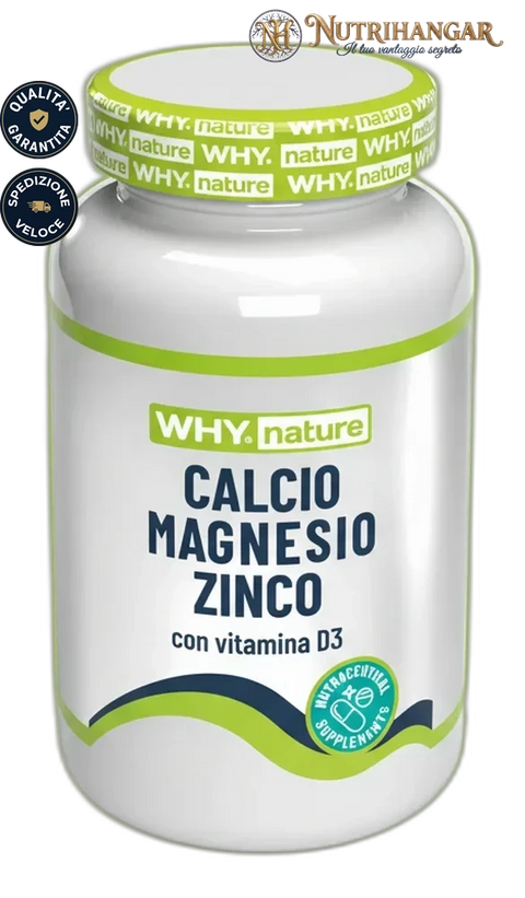 Flacone dell'integratore Calcio Magnesio Zinco Why Nature