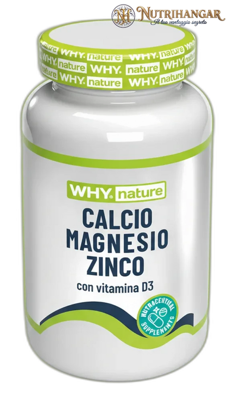 Flacone dell'integratore Calcio Magnesio Zinco Why Nature