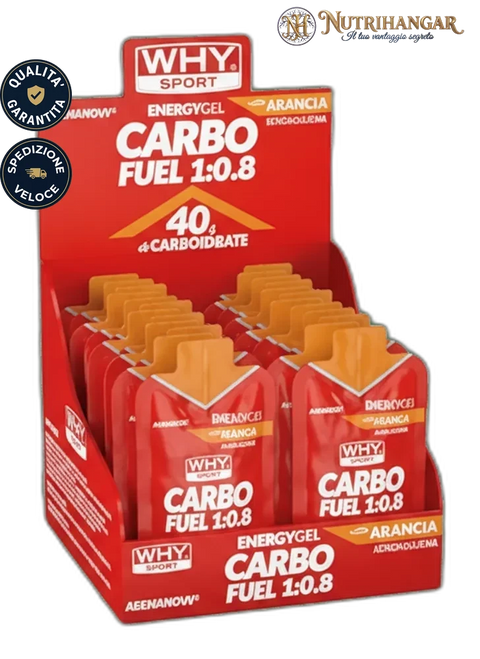 Gel energetico Carbo Fuel 1:0.8 Why Sport pronto all'uso con rapporto maltodestrine e fruttosio 1:0.8. Gusto Arancia Box 15 gel
