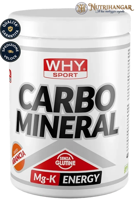 Barattolo di integratore in polvere Carbo Mineral Why Sport con magnesio e potassio per bevanda energetica. Gusto Arancia