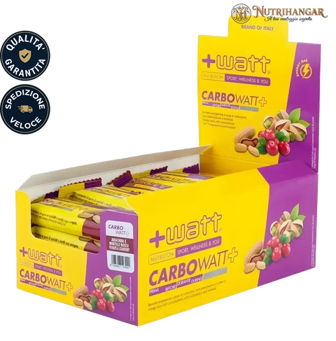 Barretta energetica Carbowatt+ +Watt con granella di frutta secca Gusto Arachidi & Mirtilli Rossi Box 20 pz