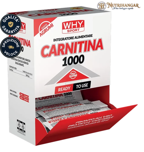 Stick monodose di Carnitina 1000 Why Sport da 1g per energia e metabolismo. Box da 60 stick