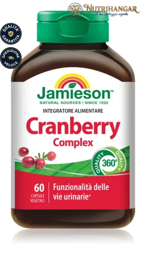 Confezione di Cranberry Complex Jamieson estratto di mirtillo rosso e D-mannosio.