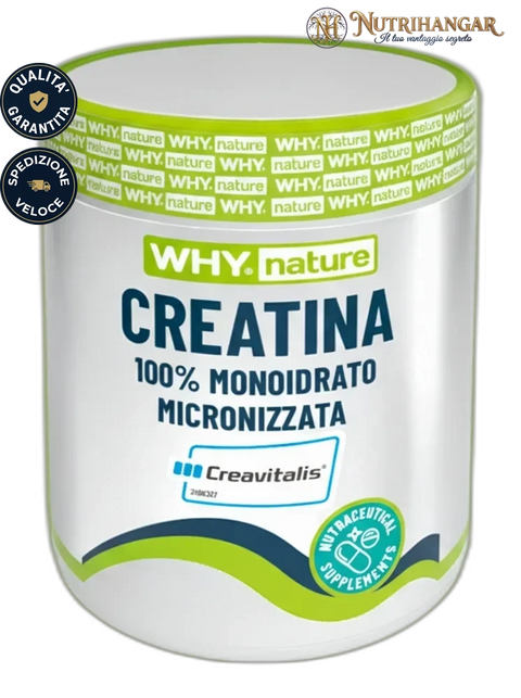Confezione di Creatina 100% Monoidrato Micronizzata Why Nature con marchio registrato Creavitalis®.