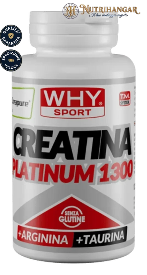 Barattolo di Creatina Platinum 1300 Why Sport, integratore in compresse con creatina, arginina e taurina. 120 cpr