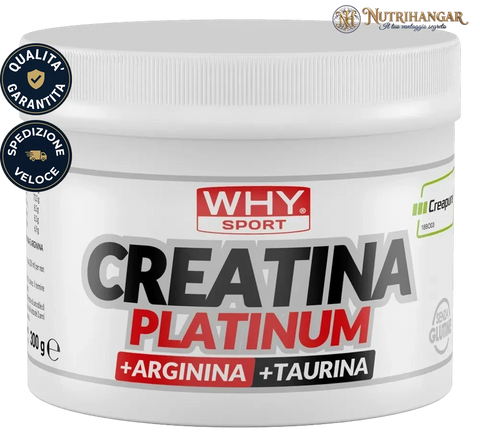 Barattolo di Creatina Platinum Why Sport, integratore in polvere con creatina, arginina e taurina. 300 gr