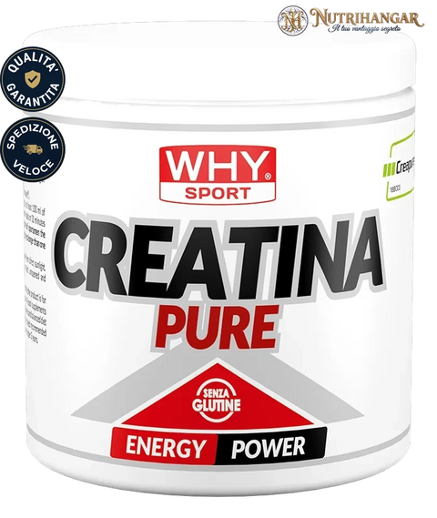 Barattolo di Creatina Pure Why Sport, integratore di creatina monoidrato pura in polvere. 300 gr