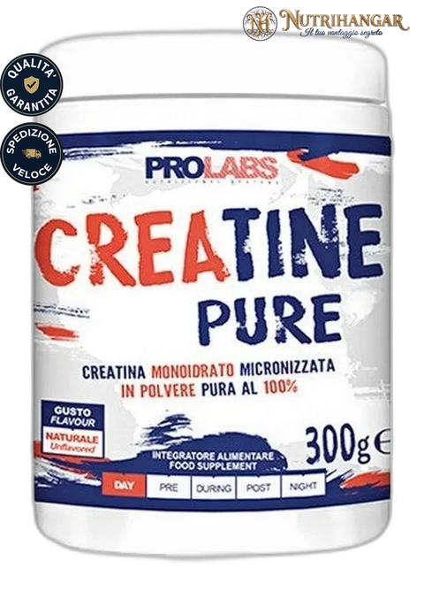 Confezione di Creatine Pure Prolabs integratore di creatina monoidrato micronizzata in polvere finissima. 300 gr