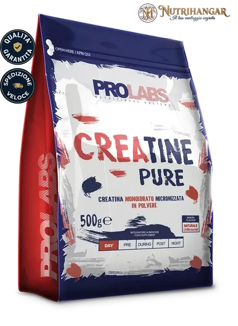 Confezione di Creatine Pure Prolabs integratore di creatina monoidrato micronizzata in polvere finissima. 500 gr